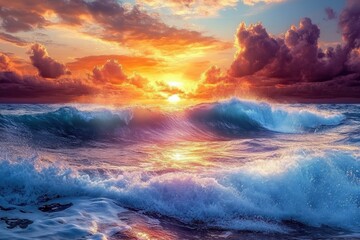 Poster - Vibrant ocean sunset with breaking waves in shallow waters during twilight, ocean sunset shallow waters with breaking waves