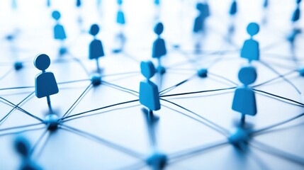 Poster - Abstract representation of a network with blue human figures symbolizing community connections and interactions in a digital space, emphasizing connectivity.