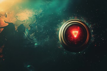 Poster - Exploring the off button concept over a globe with abstract shapes in outer space imagery, off button and shapes over globe
