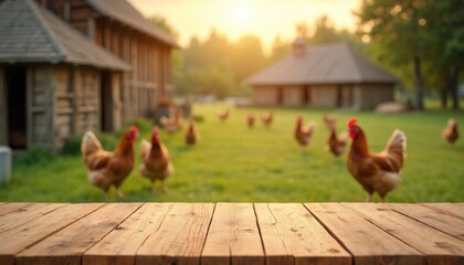 Aufkleber - Wooden table for product placement with farm background. Chickens roam on grass, wooden houses. Concept of eco friendly food, agriculture, farming, fresh food display. Sunlight.