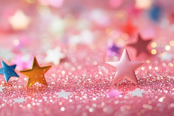 Poster - Colorful bokeh and sparkling stars create a magical atmosphere over a pink background filled with glitter, Colorful bokeh and sparkling stars over pink background