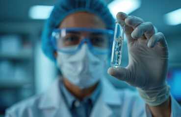 Poster - Scientist holds sample liquid with microorganisms, studying covid virus in lab. Doctor in mask, glasses, gloves. Research, healthcare, medical, biotechnology. Scientific experiment, medicine,