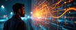 © miss irine - Pro observes digital data patterns. Innovative technology, creativity intersection visualized with orange, blue neon lights. Futuristic cyber world. High-tech business processes. Data analytics.