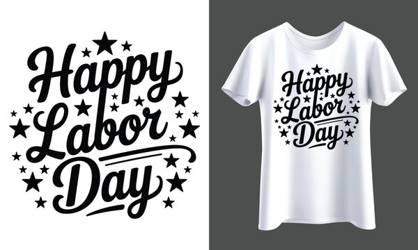 USA Labor Day T-Shirt Design Featuring Hand Lettered Text and Star Icons | Black and White Labor Day Shirt Design with Decorative Stars for Celebration