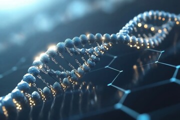 Poster - DNA strand intertwines with data analysis on a hexagonal grid pattern, DNA strand and data analysis over hexagonal grid background