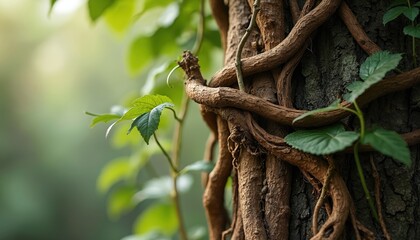 Poster - Illustration shows thick woody stem of climber wrapped tightly around tree trunk with aerial roots hanging down. Green leaves contrast rough bark texture. Lianas, vine climbing along wood in forest