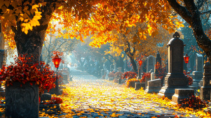 Poster - Golden leaves blanket a winding pathway in a peaceful cemetery as soft light filters through vibrant autumn trees, creating an inviting atmosphere for visitors