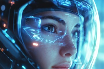 Poster - Futuristic woman in sci-fi helmet gazes at advanced technology and holographic displays, animation sci-fi woman woman face in futuristic helmet with hologram display The man of the future