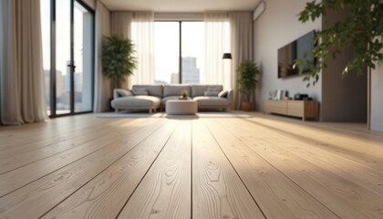 Poster - Modern minimalist living room design urban apartment interior. Bright natural sunlight, elegant furniture, hardwood floor, open space. Interior photography with simplicity, clean lifestyle, aesthetic