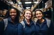 © CojanAI - Smiling portrait of a diverse group of female warehouse workers and managers working in a warehouse
