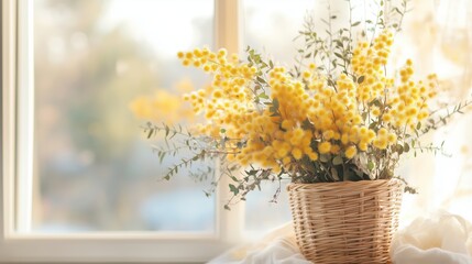 Poster - bright yellow flowers in a woven basket on a windowsill in soft natural light during the morning
