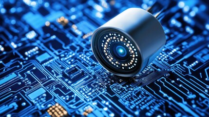 Poster - Surveillance camera positioned atop a complex circuit board.