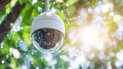 Poster - Outdoor security camera connected to a network, suspended in a tree.