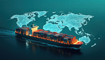 Poster - Cargo ship sails sea, connected global network. Containers on vessel represent global trade. International business, worldwide shipping. Logistics, freight transport, commerce. Digital tech concept,