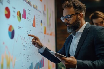 Poster - businessman analyzes data trends on tablet while reviewing graphs in modern office setting, serious 