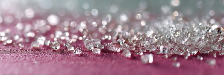Poster - Sparkling Sugar Crystals Scattered on a Pink Surface Reflect Light in a Vibrant Display Showcasing Sweetness and Texture
