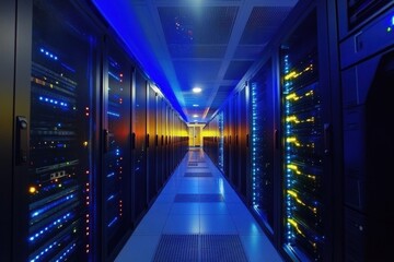 Poster - Digital icons and data processing illuminated in a modern server room at sunset, digital icons and data processing over computer servers