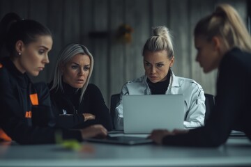 Poster - multinational businesswomen engage in serious discussions and strategy planning during a work meetin