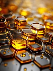 Poster - Macro View Reveals Intricate Honeycomb Structure Showcasing Reflections of Golden Honey Under Warm Light
