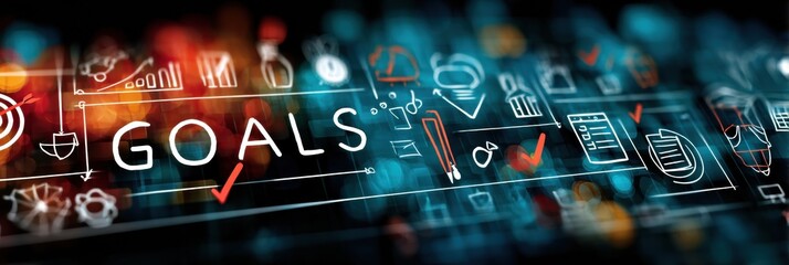 Aufkleber - Healthy Goals Checklist Surrounded by Vibrant Icons Representing Wellness and Personal Growth in a Futuristic Setting