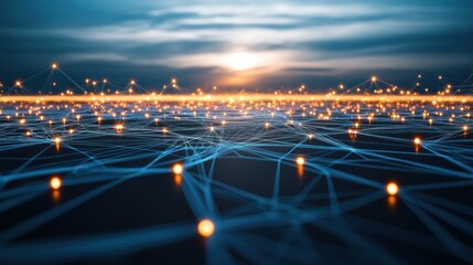 Poster - Global network of interconnected nodes at sunrise.
