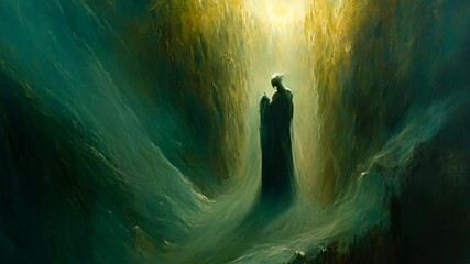 Poster - Man standing in the middle of a dark green cave surrounded by mysterious shadows and natural rock formations in a serene environment