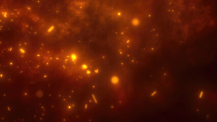 Poster - A glowing, golden abstract background with scattered light particles and smoky textures, resembling cosmic energy or fireflies in a misty atmosphere