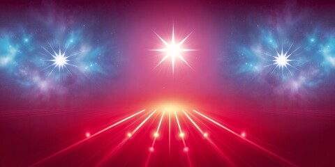 Poster - Abstract image featuring bright stars and beams of light on a red and purple background
