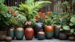 © SibteHUSSAIN - Raku pottery vases arranged a still life composition in an outdoor garden The natural light highlights the unique glaze patterns with lush greenery creating a harmonious setting