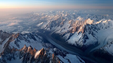 Poster - Jagged alpine peaks bathe in dawn light as an eagle glides above snowdrifts, illuminating the rugged landscape with soft pink hues and embracing morning tranquility