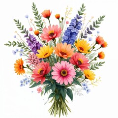 vibrant watercolor wildflower bouquet on white background. bright flowers in pink orange yellow blue