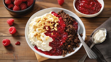 Poster - Creamy yogurt parfait is layered with crunchy granola and vibrant raspberry coulis in a white bowl, creating a tempting breakfast spread with copy space