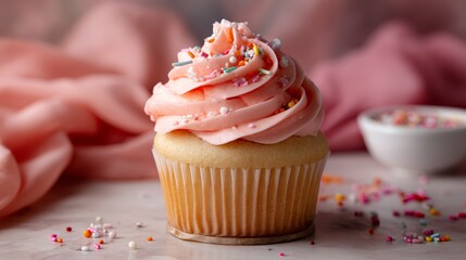Aufkleber - A single cupcake features smooth pink buttercream frosting topped with sprinkles, elegantly placed in a paper liner on a soft pastel backdrop