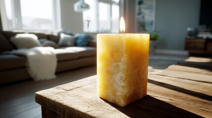 Poster - A single wax candle flickers softly on a rustic wooden table, illuminating a shadowed interior with its warm glow and casting long shadows on the walls