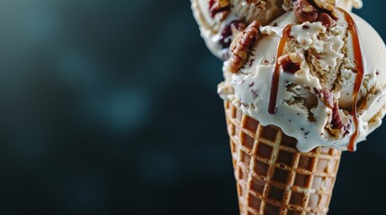 Poster - Indulgent caramel pecan ice cream filled with toasted nuts drips from a waffle cone, showcasing rich textures and leaving room for custom text