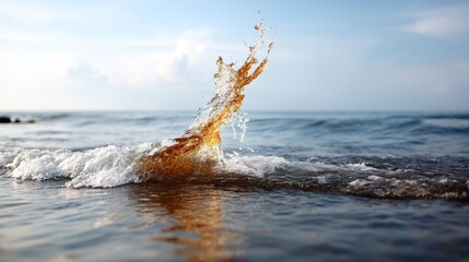 Aufkleber - Close-up of a gentle ocean wave capturing a single amber droplet launching skyward under a warm sunset, creating a serene moment by the blurred horizon