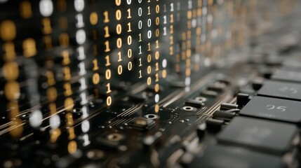 Aufkleber - Close-up of radiant binary code suspended over detailed circuit boards enhances the tech vibe, emphasizing innovation and digital advancement