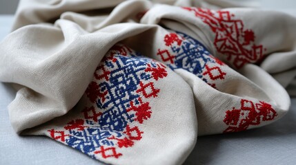 Leinwandbilder - Close-up of Ukrainian vyshyvanka embroidery reveals vibrant geometric designs crafted with crimson and indigo threads on soft, natural linen fabric
