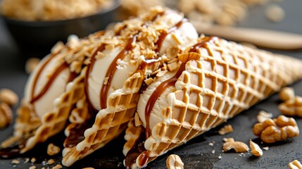 Aufkleber - A waffle cone overflows with creamy caramel-swirl frozen yogurt, drizzled with sweet sauce and topped with crushed peanuts, showcasing tempting textures