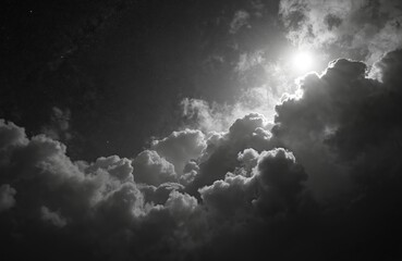 Aufkleber - Night sky with clouds and bright shining star. Stars galaxy with fluffy clouds. Monochrome illustration. Beautiful cosmos background for design. Digital art. Dream fantasy atmosphere.
