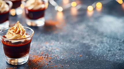 Aufkleber - Delicious dark chocolate mousse is artfully served in small glass cups, each topped with fluffy whipped cream and set against a soft, inviting background