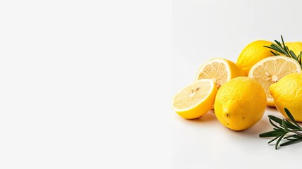 Poster - Ripe lemons are artfully arranged with sprigs of rosemary on a clean white surface, creating a vibrant and refreshing culinary display perfect for any kitchen