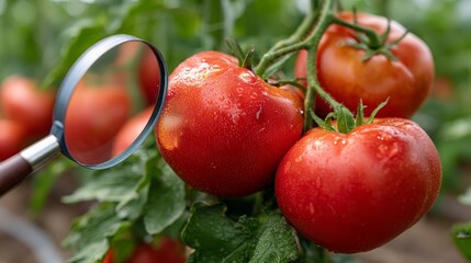 Aufkleber - Magnifying glass highlights the surface texture and freshness of dew-covered red tomatoes still on the vine, illuminated by soft natural light in a garden setting