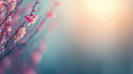 Poster - Soft focus highlights fragile pink cherry blossoms adorning bare branches under a pale gray sky, symbolizing spring's ephemeral beauty with open space for text