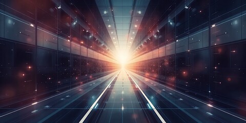 Poster - futuristic corridor with bright light at the end and dark walls with light spots in the background