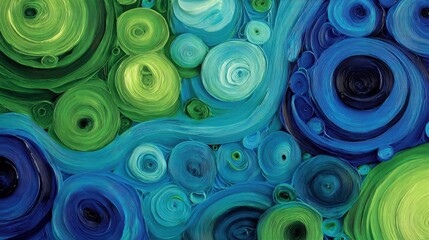Poster - Green and blue circles swirling dynamically across artistic canvas, intertwining with fluid wavy lines, forming vibrant abstract composition with rhythmic visual movement