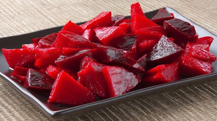 Poster - Close-up view of sliced tropical fruit with striking red flesh and glossy dark skin, arranged neatly on a ceramic plate against a soft, neutral background