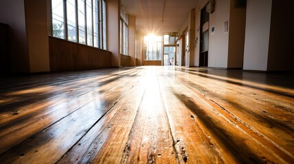 Poster - Soft golden rays pour through a nearby window, highlighting a smooth wooden floor and creating long shadows that enhance the tranquil indoor atmosphere
