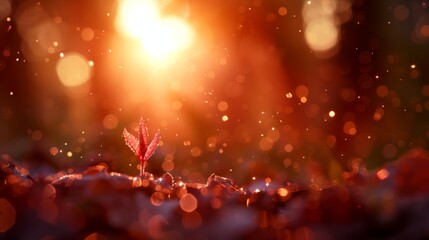 Poster - A fragile sprout breaks through parched soil illuminated by soft sunlight, adorned with dewdrops that reflect perseverance and the beauty of nature’s renewal