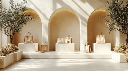 Poster - Beige shopping bags displayed in minimalist arched alcoves.